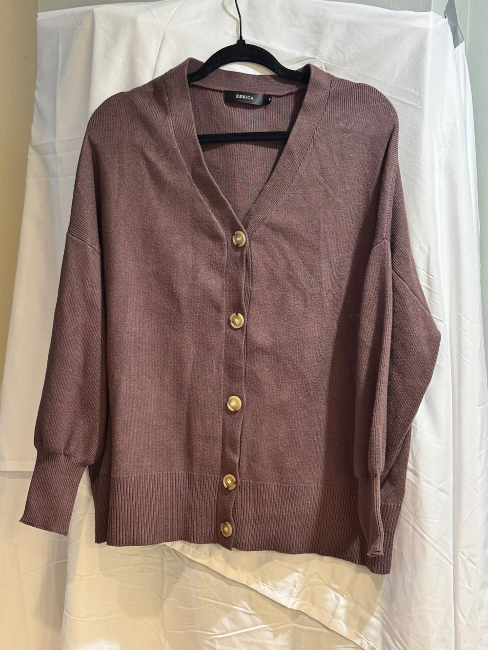 Zesica Button Front Cardigan Sweater Mauve Purple Ribbed V Neck Size M